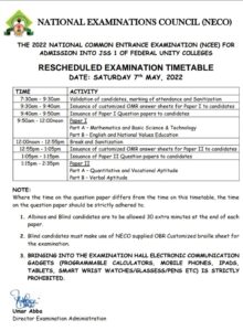 NECO 2022 NCEE Time Table